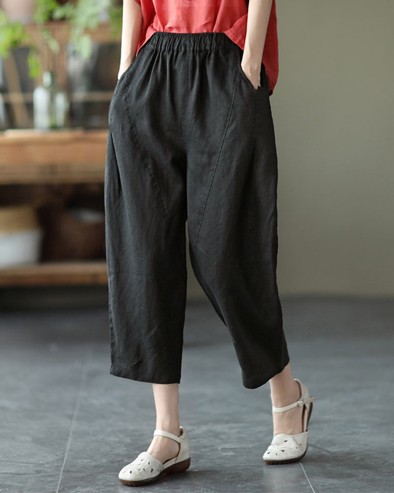 Loose Stitching Solid Color Elastic Waist Cropped Harem Pants