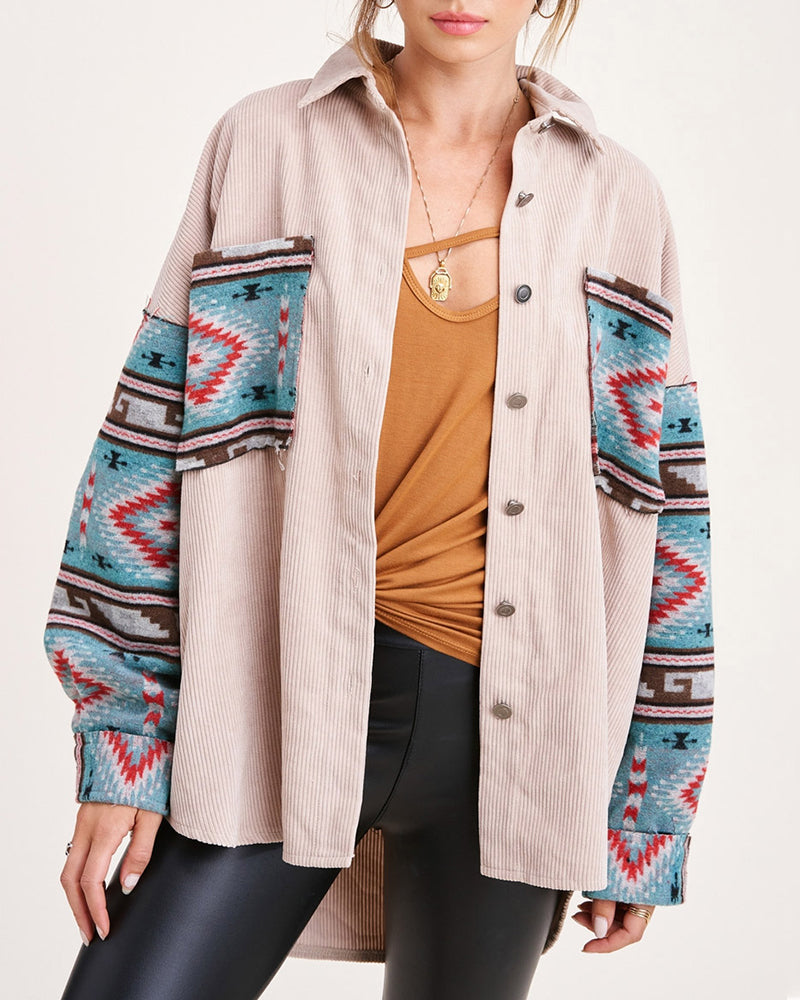 Corduroy Patch Print Pocket Coat Long Sleeve Jacket Top