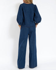 Casual Denim Two-piece Set Loose Puffed Sleeve Blouse and Wide-leg Pants