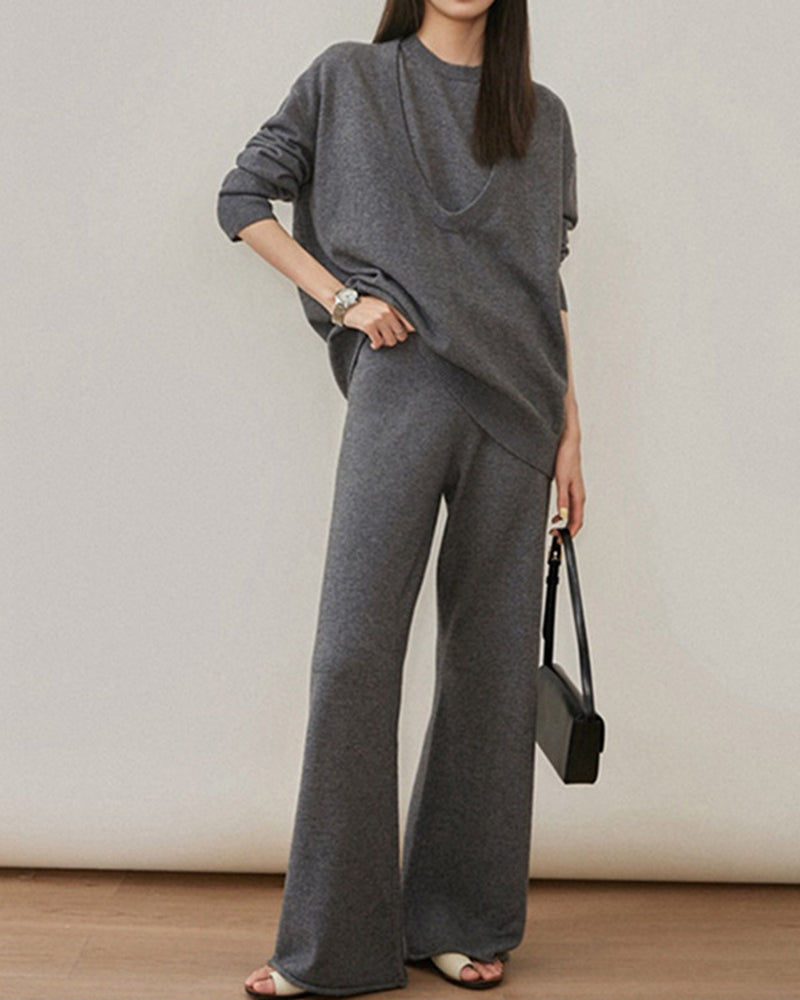 Casual Knit Long Sleeve Shirt Knit Vest Pants Three Piece Set