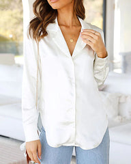 Long Sleeve Shirts Casual Lapel Collar V Neck Single Breasted Tunic Blouse