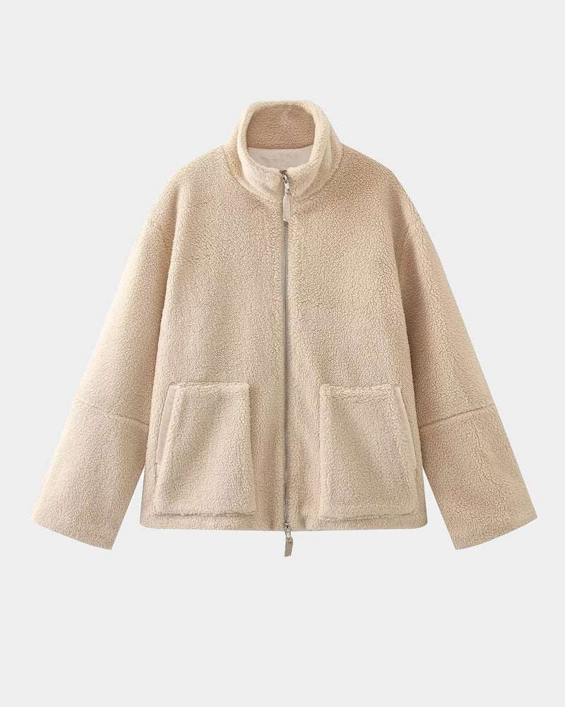 Teddy Fleece Jacket Cozy High Collar Zip-up Coat Fuzzy Winter Outwear with Pockets