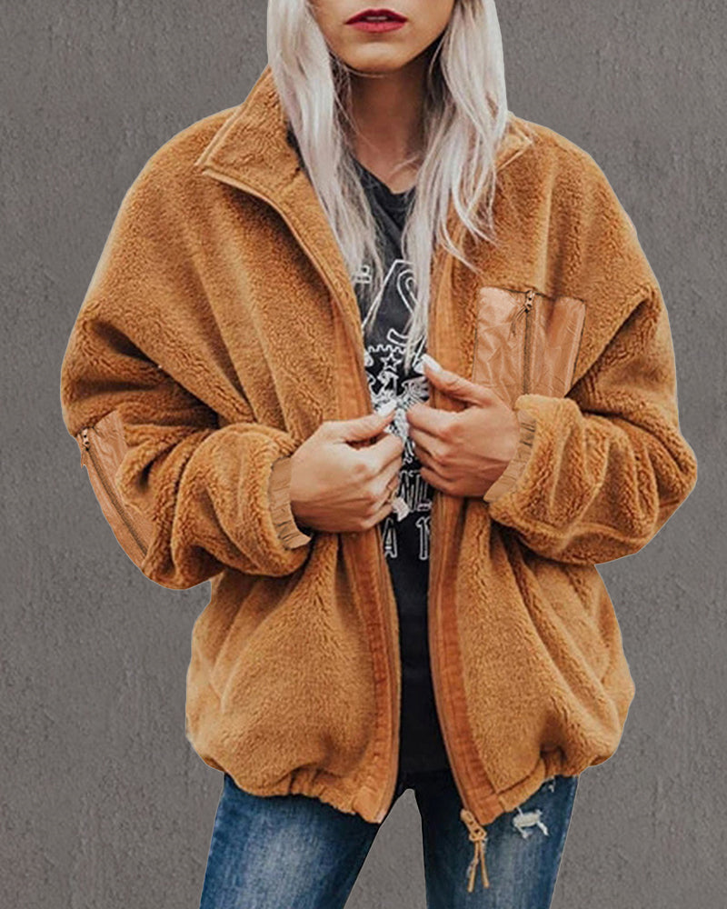 Zip-up Pocket Lapel Double-Sided Plush Fuzzy Coat