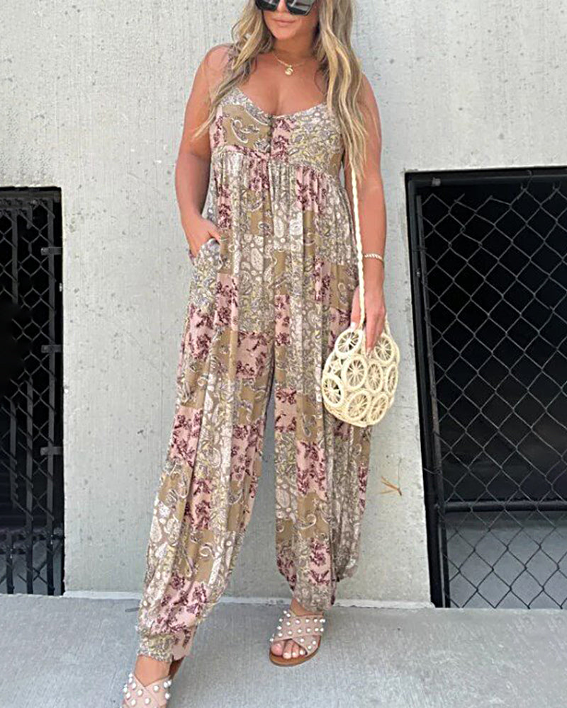 V Neck Street Daily Retro Printed Loose Fit Sleeveless Jumpsuits