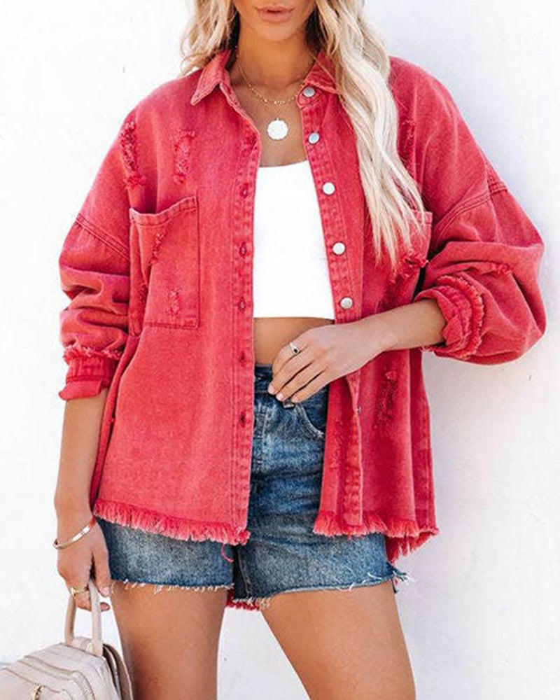 Cropped Jacket Frayed Hem Button Long Sleeves Casual Loose Solid Color Denim Jacket