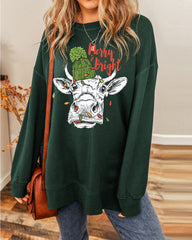 Christmas Cow Merry Bright Round Neck Casual Pullover Sweatshirt