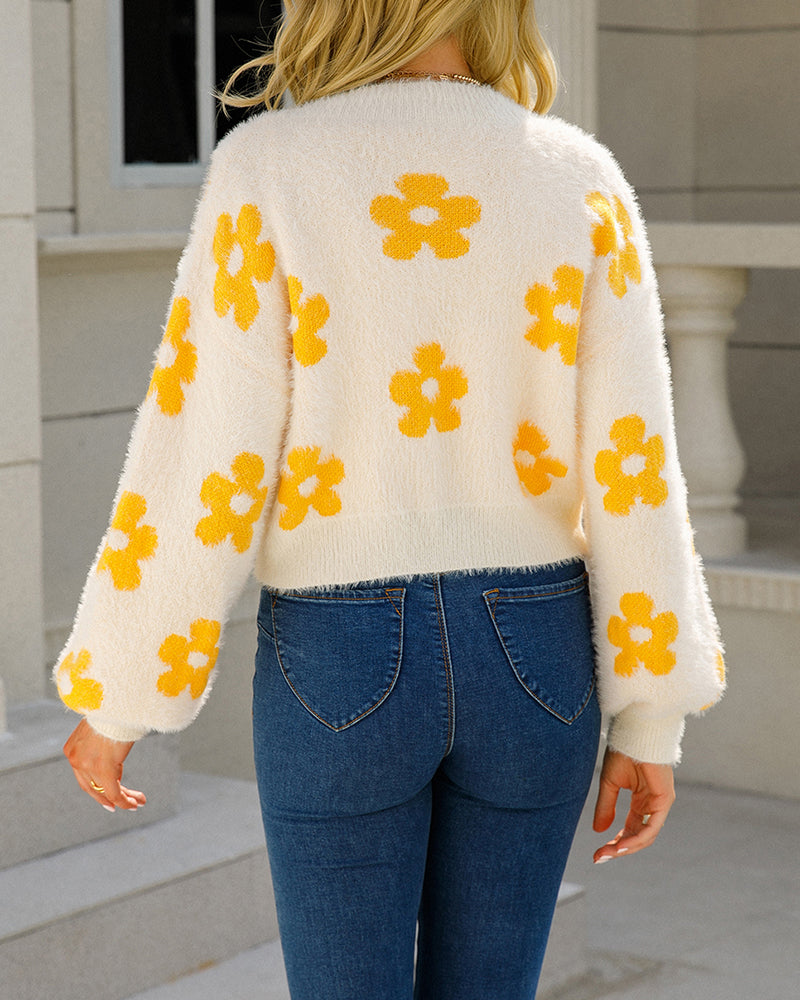 Cute Daisy Knit Cardigan Long Sleeve Casual Flower Open Front Sweater Tops