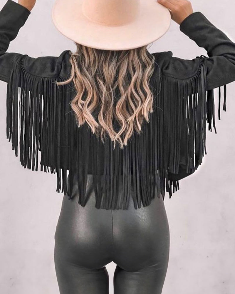 Slim Lapel Tassel Coats Soild Short Jackets Fringe Long Sleeve Party Cardigan