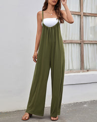 Flowy Wide Leg Jumpsuit Spaghetti Strap High Rise Bodysuit Solid Loose Romper