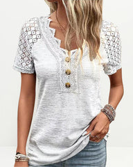 V Neck Lace Ribbed Tops Decoration Button Down T-Shirts Summer Short Sleeve Casual Blouse