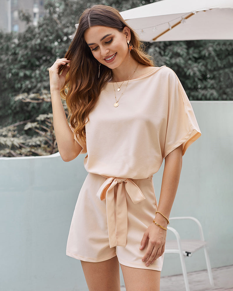 Short Sleeve Jumpsuit Crewneck Self Tie Loose Comfy Elegant Shorts Romper