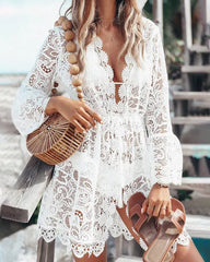 V Neck Lace Dress Hollow Crochet Pool Swim Beach Bikini Cover-ups Mini Dress