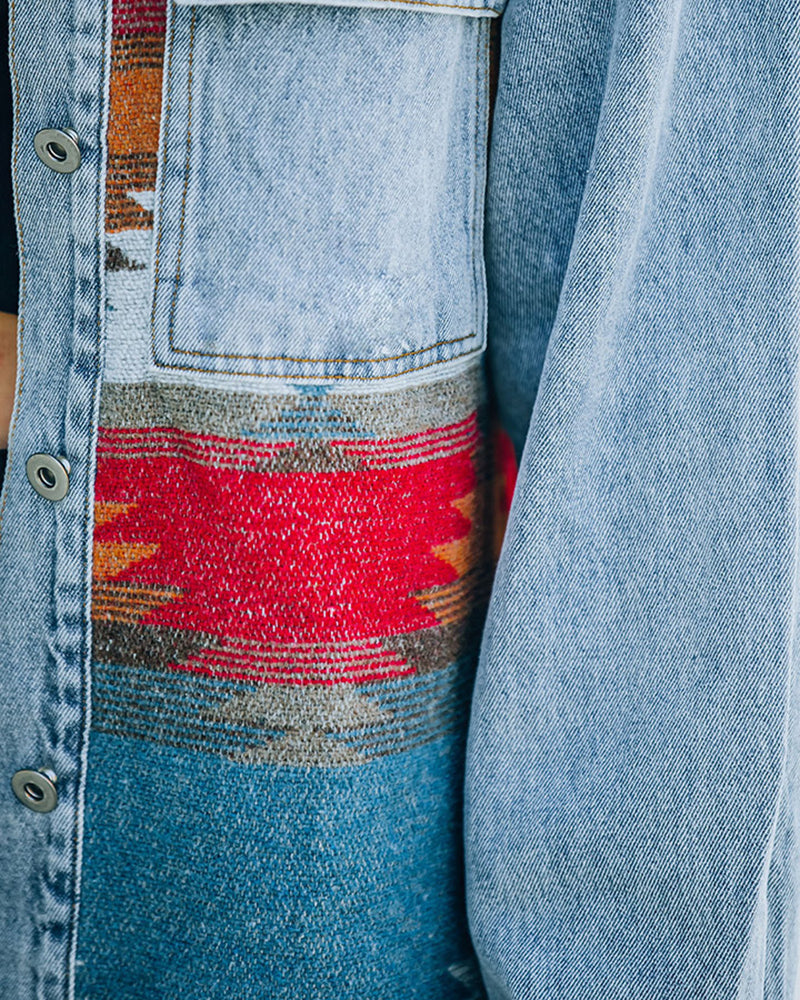 Aztec Lapel Long Sleeve Retro Western Denim Jacket