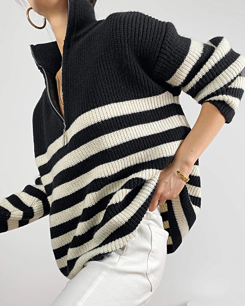 Mock Neck Zip-Up Striped Pullover Sweater