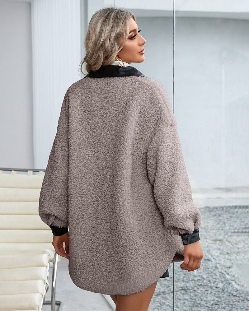 Lapel Collar Plush PU Single-breasted Trench Coat
