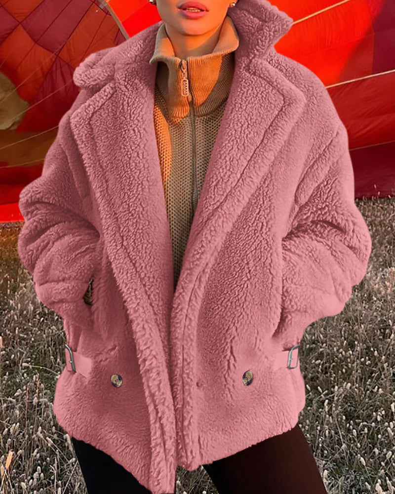 Lapel Fleece Jacket Long Sleeve Pockets Faux Fur Dressy Fall Outfits