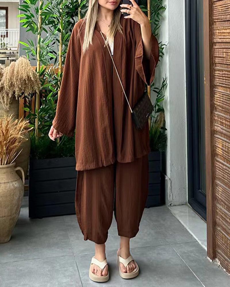 Casual Comfort Set Loose Cardigan Top & High-Waist Wide-Leg Pants with Pockets