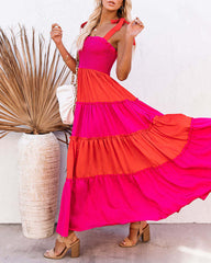 Sleeveless Elegance Suspender Dress with Splicing Wooden Ears Colorblock Maxi Dress