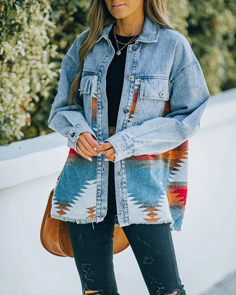 Aztec Lapel Long Sleeve Retro Western Denim Jacket