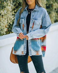Aztec Lapel Long Sleeve Retro Western Denim Jacket