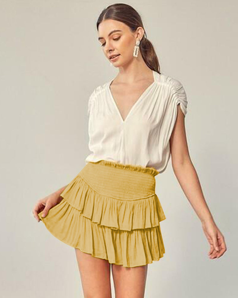 Smocked Ruffle Mini Skirts Summer High Waisted Tiered Short Skirt with Shorts