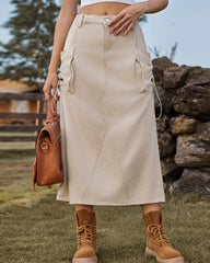 Casual High Waist Denim Midi Skirt Drawstring Adjustable Long Jeans Skirt with Pockets