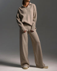 Casual Two-Pieces Outfits Lapel V Neck Sweater and Trousers Sets
