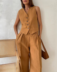 Solid Color Two-piece Slim Fit Sleeveless Vest Casual Wide Leg Pants Set