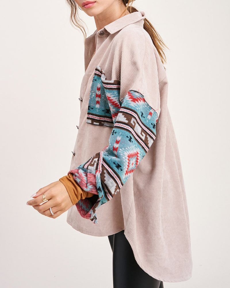 Corduroy Patch Print Pocket Coat Long Sleeve Jacket Top