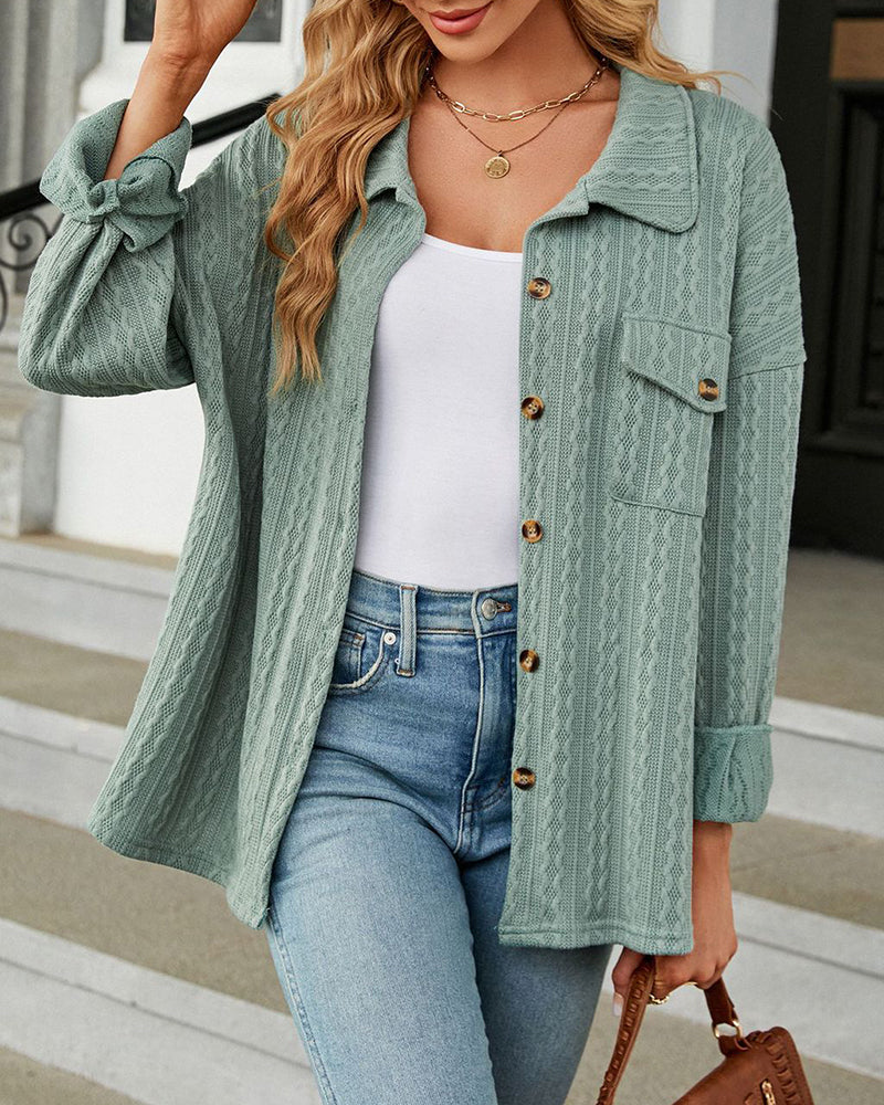 Solid Color Turn-Down Collar Twisted Knit Long Sleeve Loose Jacket