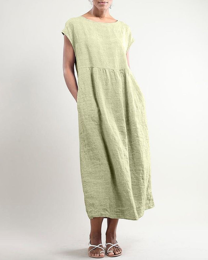 Casual Solid Linen Crew Neck Maxi Smock Dress Loose Baggy Ruffle Long Dresses with Pockets