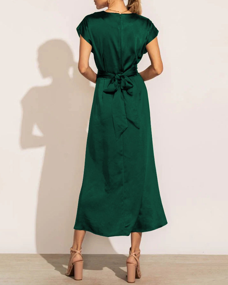 Satin Midi Dress Cap Sleeve Tie Waist Elegant A-Line Flowy Dresses