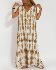 Casual Sleeveless Dress Loose V Neck Tie-dye Beach Maxi Long Dress