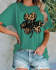 Lucky Clover Leopard Shirt Women's Casual Short-sleeved Top