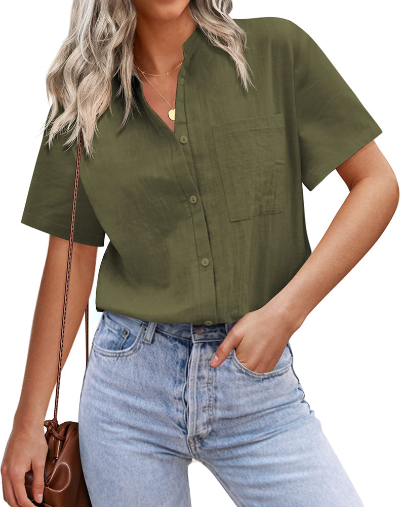 Women Casual Linen Shirts Henley Short Sleeve Blouses Lightweight Loose Top - Zeagoo (Us Only)