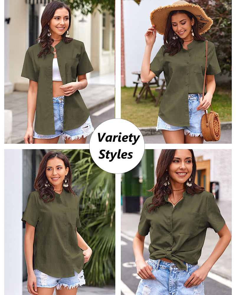 Women Casual Linen Shirts Henley Short Sleeve Blouses Lightweight Loose Top - Zeagoo (Us Only)