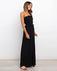 Smocked Strapless Jumpsuits Wide Leg Long Pants Rompers