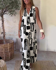 Geometric Color Block Dress Regular Fit Sleeveless Tank Dress Split Neck Print Long Dress