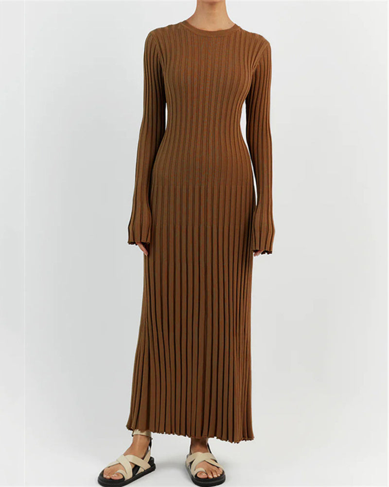 Long Sleeve Dress Crew-Neck Knit Maxi Dress Ribbed Elegant Long High Waist Pleated Dresses