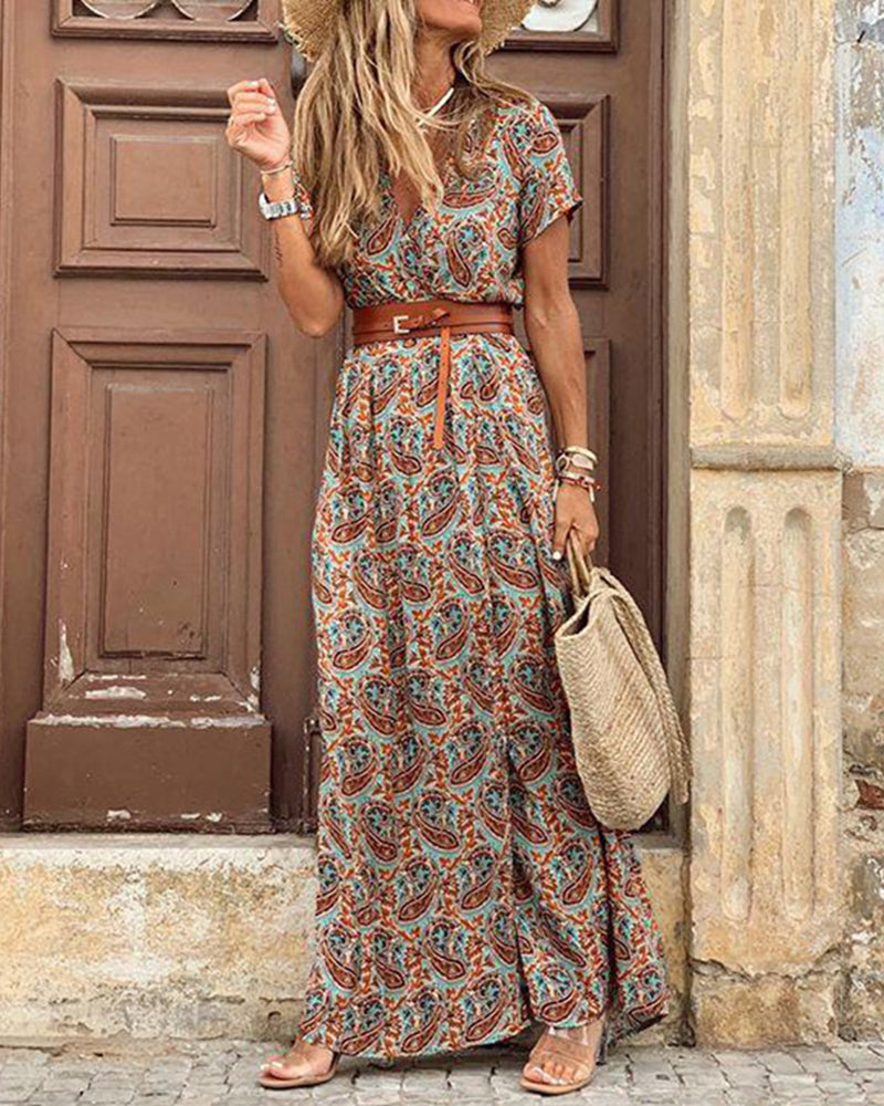 V Neck Short Sleeve Print Dress Belt Big Hem Beach Dress Elegant Long Dress