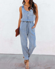 Summer Sleeveless Denim Jumpsuit Fitted Scoop Neck Jumpsuit Chic Casual Travel Overalls