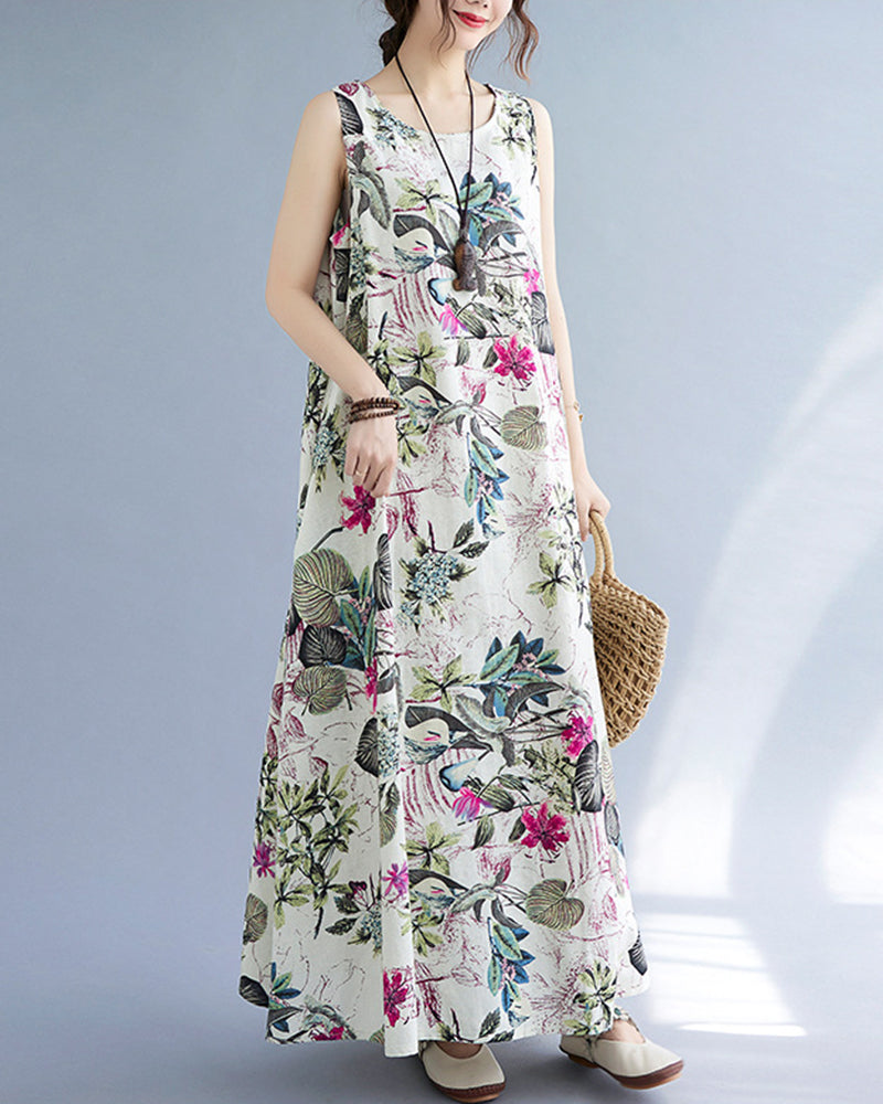 Sleeveless Beach Dress Vintage Loose Floral Print Maxi Dress