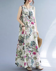 Sleeveless Beach Dress Vintage Loose Floral Print Maxi Dress