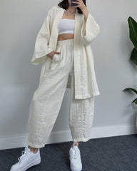 Casual Loungewear Set Solid Color Loose Long Sleeve Kimono Cardigan and Pants