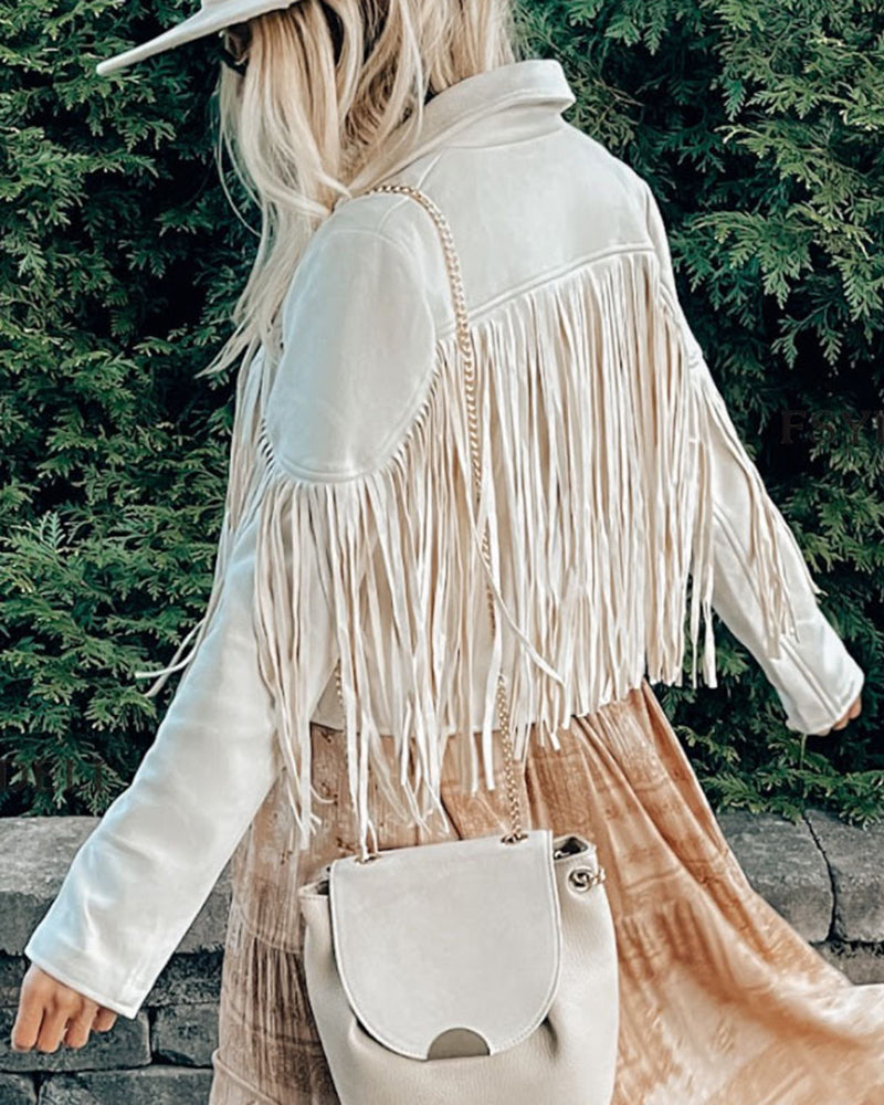 Slim Lapel Tassel Coats Soild Short Jackets Fringe Long Sleeve Party Cardigan