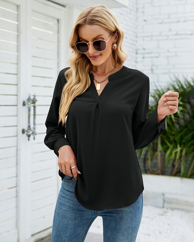 Solid Color Shirt Loose Casual V Neck Long Sleeve Western Blouse