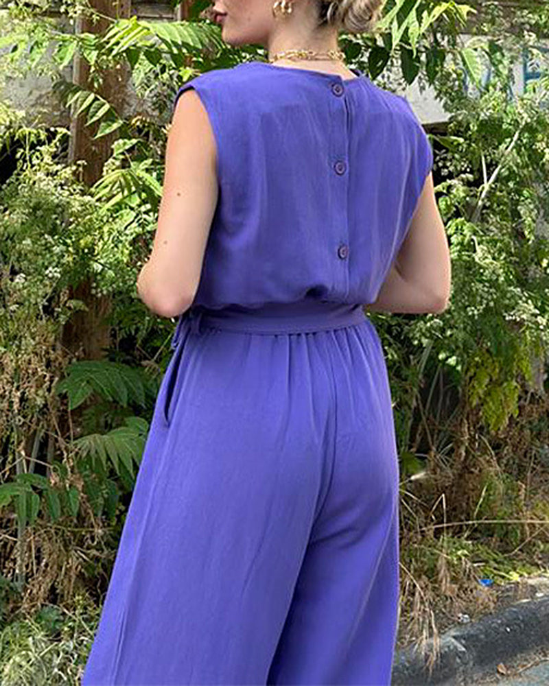 Solid Color Loose Belted Tie Wide Leg Jumpsuit