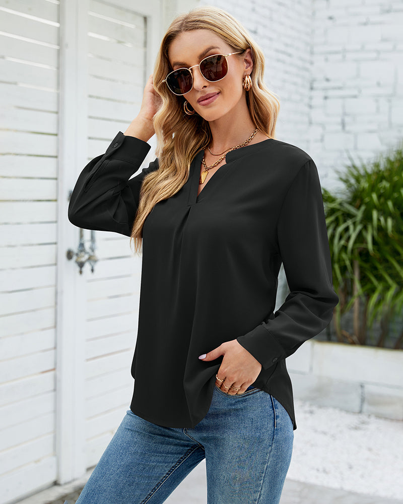 Solid Color Shirt Loose Casual V Neck Long Sleeve Western Blouse