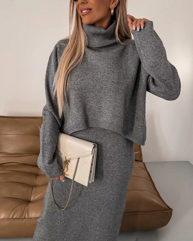 Elegant Two-piece Set Midi Dress and Turtle Neck Sweater Skirt Set