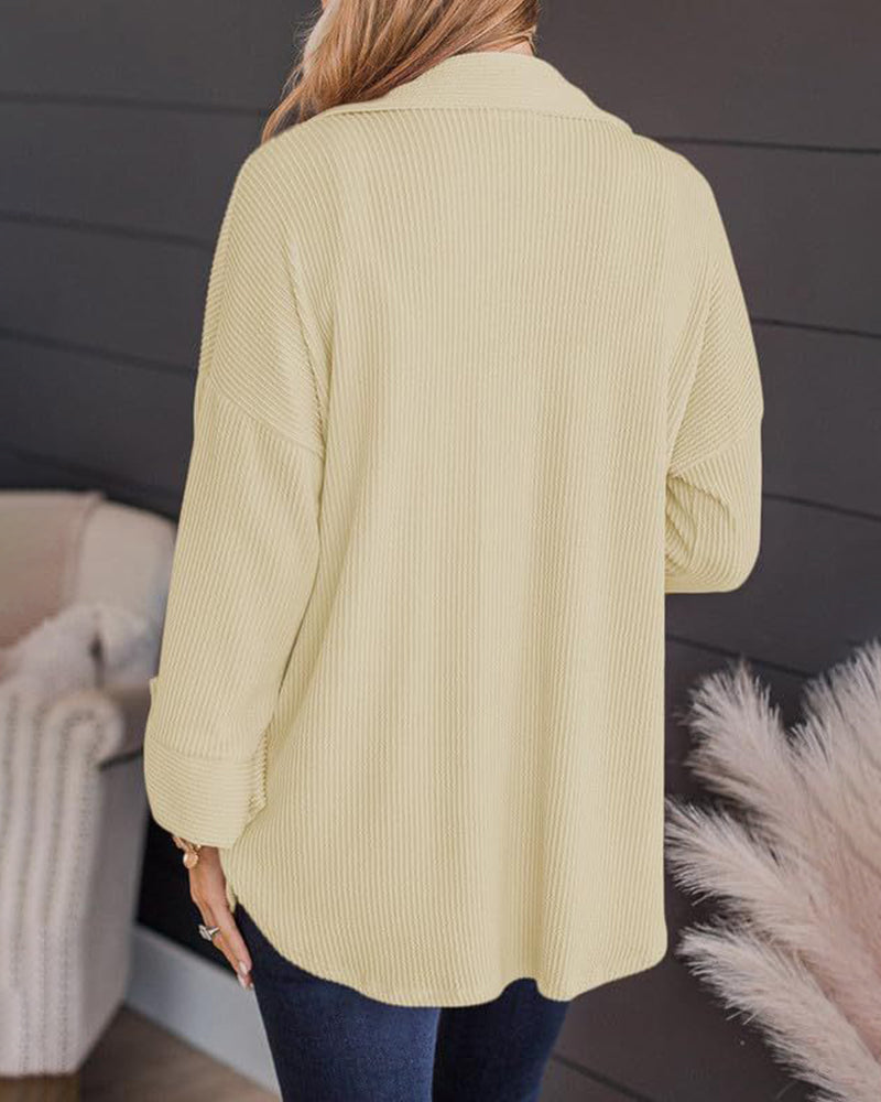 Striped Single-breasted Mid-length Corduroy Shirt Jacket